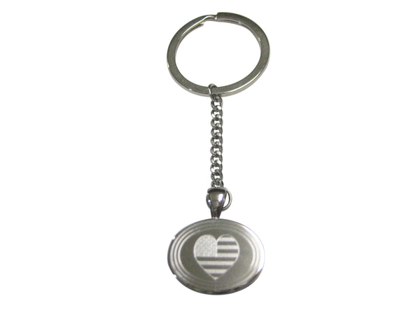 Silver Toned Etched Oval American Flag with Heart Pendant Keychain