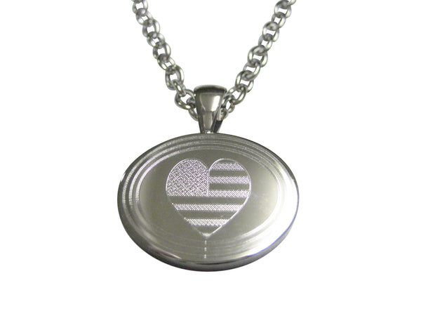 Silver Toned Etched Oval American Flag with Heart Pendant Necklace