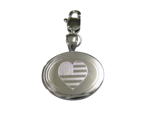Silver Toned Etched Oval American Flag with Heart Pendant Zipper Pull Charm