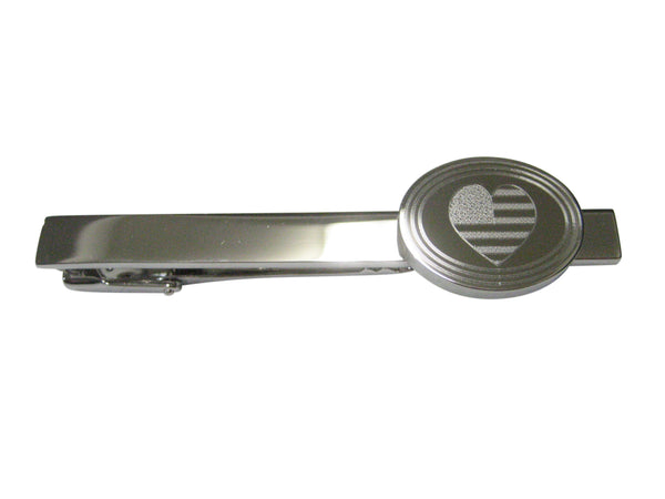 Silver Toned Etched Oval American Flag with Heart Tie Clip