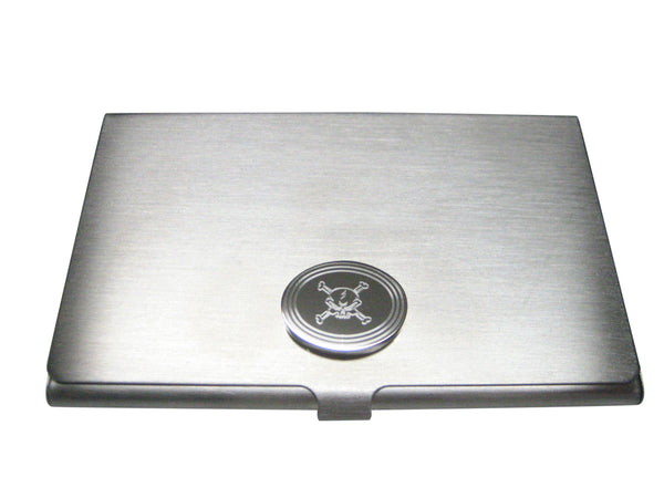 Silver Toned Etched Oval Angry Skull and Crossbones Business Card Holder