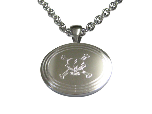 Silver Toned Etched Oval Angry Skull and Crossbones Pendant Necklace