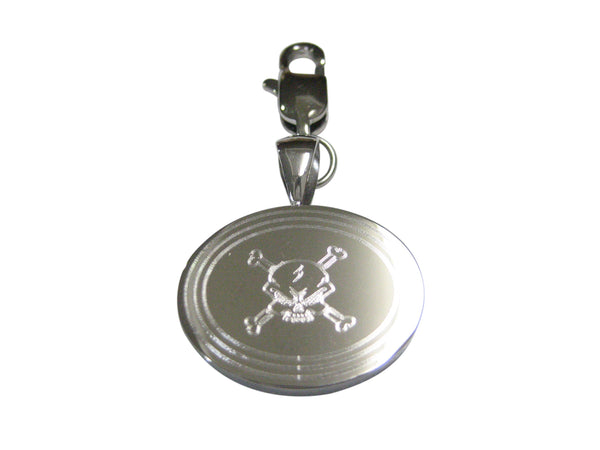 Silver Toned Etched Oval Angry Skull and Crossbones Pendant Zipper Pull Charm