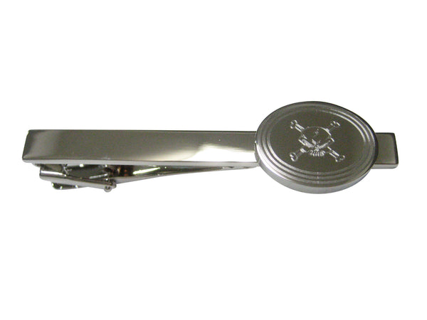 Silver Toned Etched Oval Angry Skull and Crossbones Tie Clip