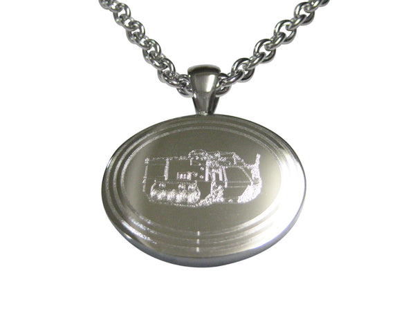 Silver Toned Etched Oval Armored Vehicle Pendant Necklace