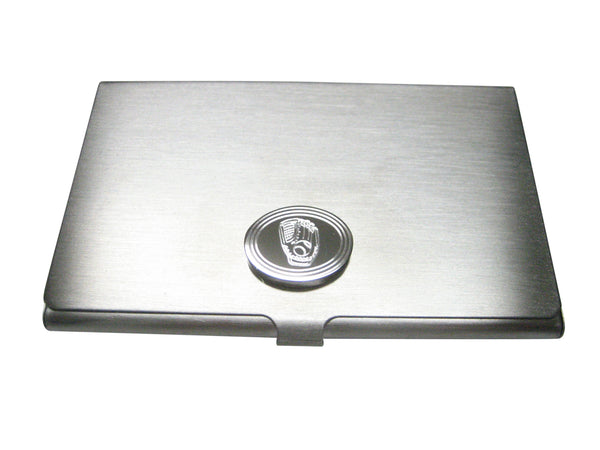 Silver Toned Etched Oval Baseball Glove Business Card Holder