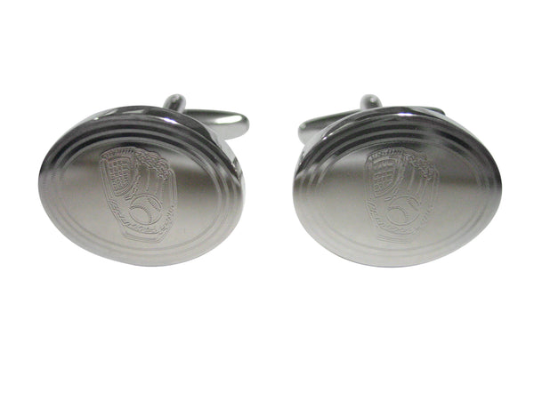 Silver Toned Etched Oval Baseball Glove Cufflinks