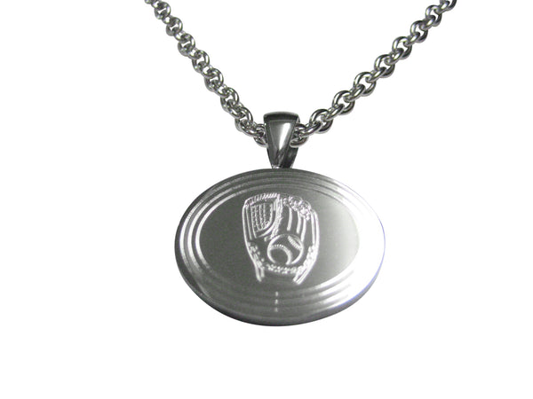 Silver Toned Etched Oval Baseball Glove Pendant Necklace