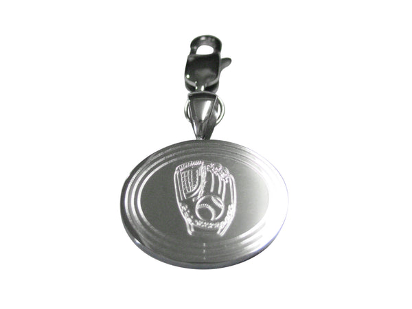 Silver Toned Etched Oval Baseball Glove Pendant Zipper Pull Charm