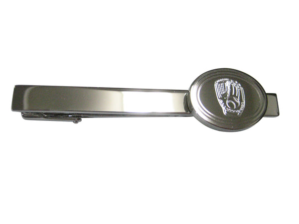 Silver Toned Etched Oval Baseball Glove Tie Clip