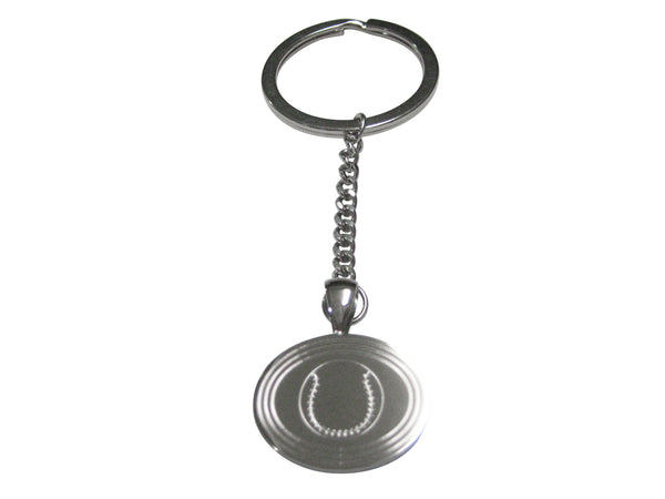 Silver Toned Etched Oval Baseball Pendant Keychain