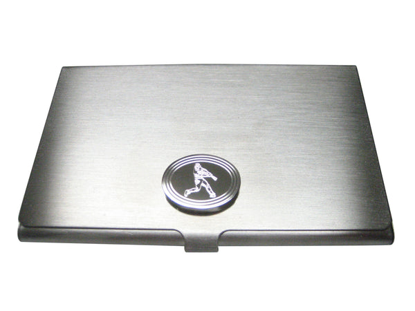 Silver Toned Etched Oval Baseball Player Business Card Holder