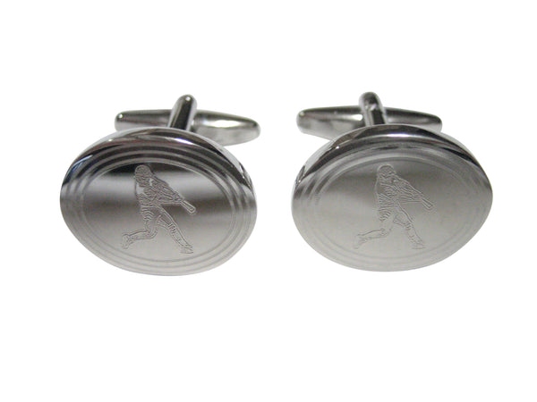 Silver Toned Etched Oval Baseball Player Cufflinks
