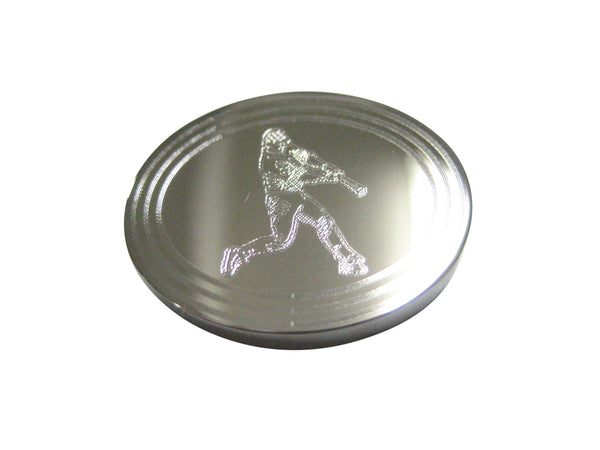 Silver Toned Etched Oval Baseball Player Magnet