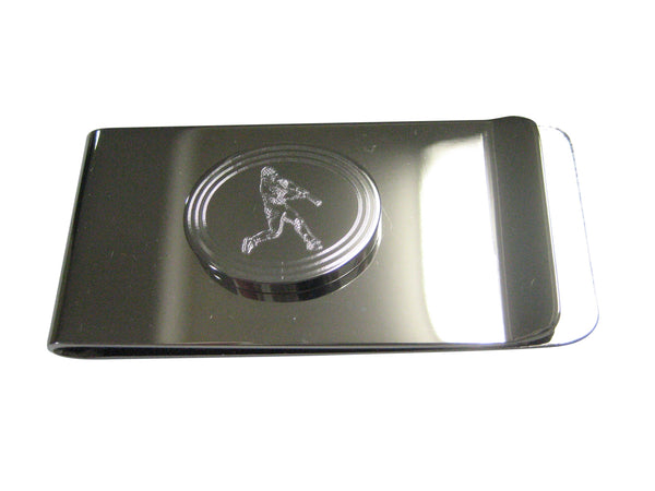 Silver Toned Etched Oval Baseball Player Money Clip