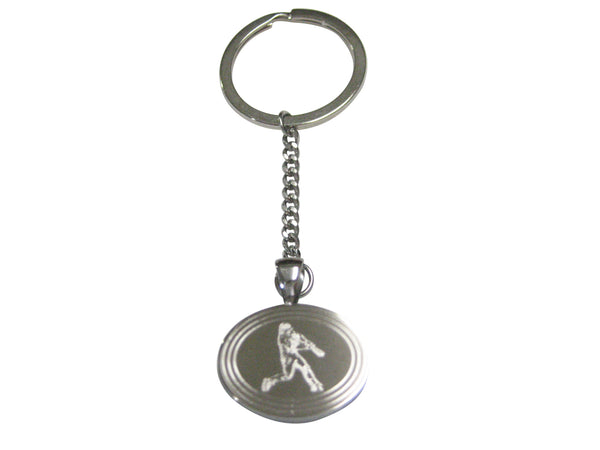 Silver Toned Etched Oval Baseball Player Pendant Keychain