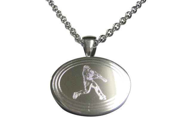 Silver Toned Etched Oval Baseball Player Pendant Necklace