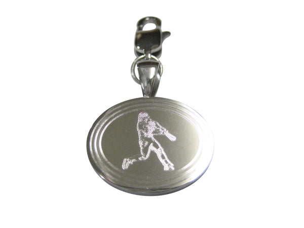 Silver Toned Etched Oval Baseball Player Pendant Zipper Pull Charm