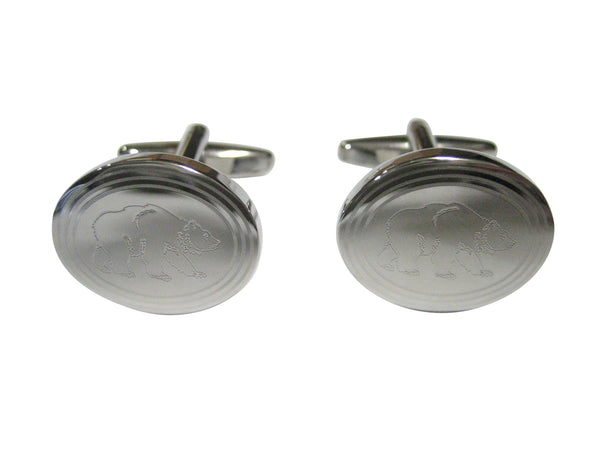 Silver Toned Etched Oval Bear Cufflinks
