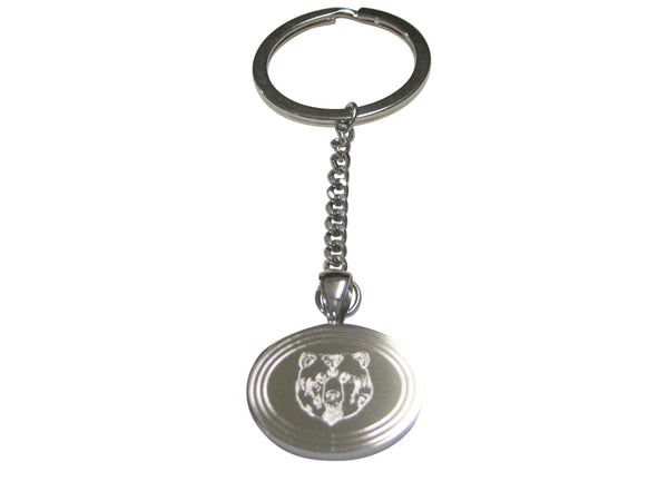 Silver Toned Etched Oval Bear Head Pendant Keychain