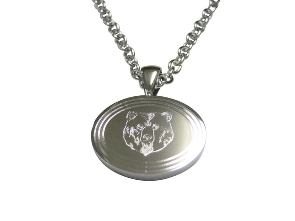Silver Toned Etched Oval Bear Head Pendant Necklace
