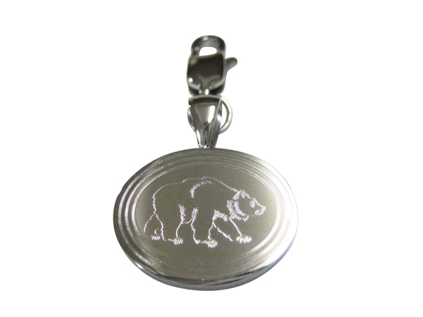 Silver Toned Etched Oval Bear Pendant Zipper Pull Charm