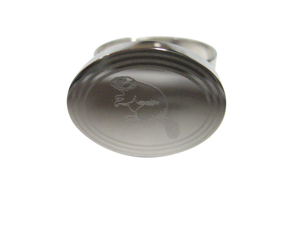 Silver Toned Etched Oval Beaver Adjustable Size Fashion Ring
