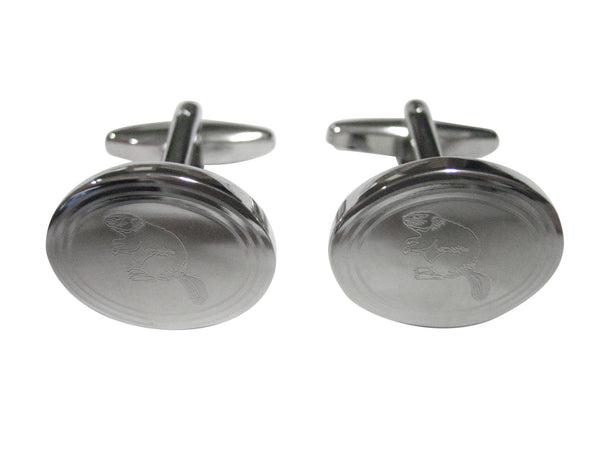 Silver Toned Etched Oval Beaver Cufflinks