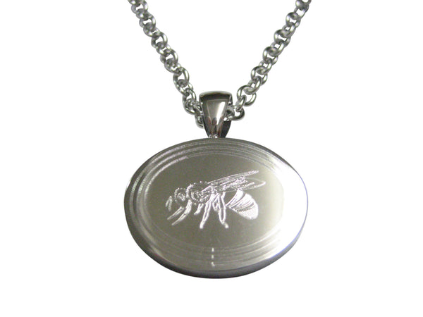 Silver Toned Etched Oval Bee Pendant Necklace