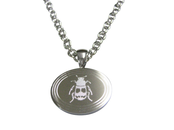 Silver Toned Etched Oval Beetle Insect Pendant Necklace