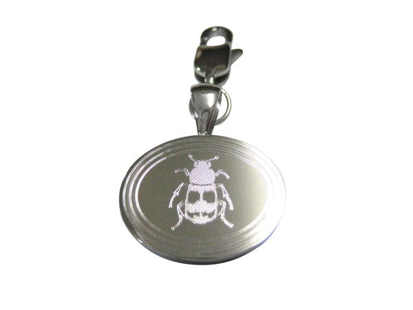 Silver Toned Etched Oval Beetle Insect Pendant Zipper Pull Charm