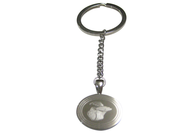 Silver Toned Etched Oval Betta Fish Pendant Keychain