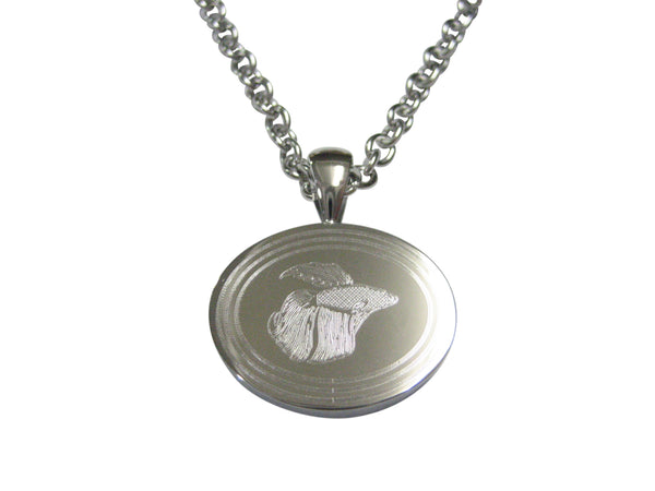 Silver Toned Etched Oval Betta Fish Pendant Necklace
