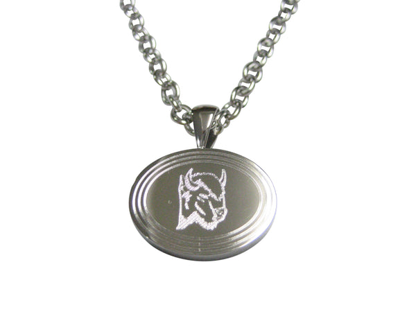 Silver Toned Etched Oval Bison Head Pendant Necklace