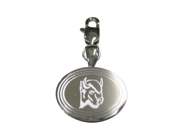 Silver Toned Etched Oval Bison Head Pendant Zipper Pull Charm