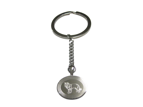 Silver Toned Etched Oval Border Collie Dog Pendant Keychain