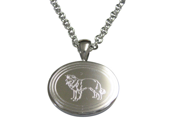 Silver Toned Etched Oval Border Collie Dog Pendant Necklace