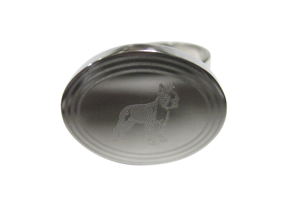 Silver Toned Etched Oval Boston Terrier Dog Adjustable Size Fashion Ring
