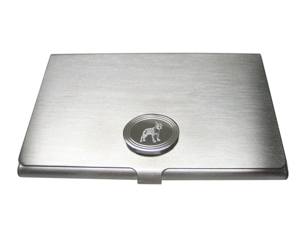 Silver Toned Etched Oval Boston Terrier Dog Business Card Holder