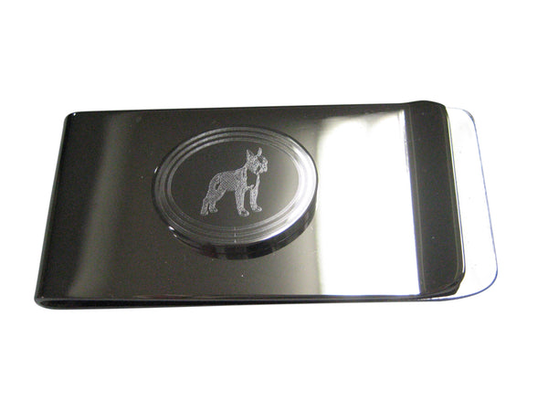 Silver Toned Etched Oval Boston Terrier Dog Money Clip