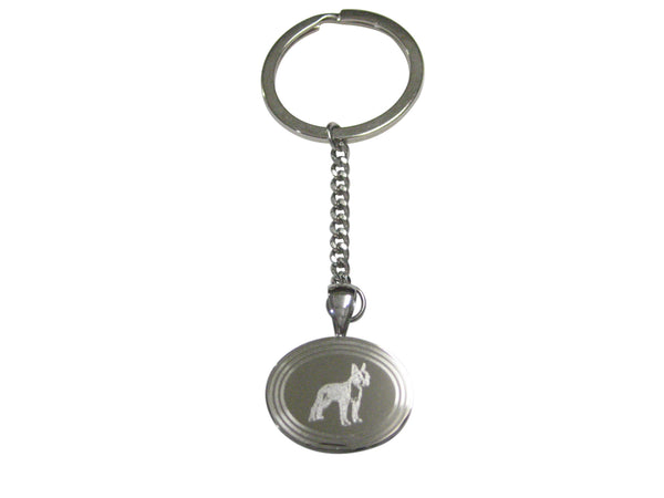 Silver Toned Etched Oval Boston Terrier Dog Pendant Keychain