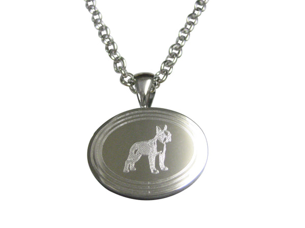 Silver Toned Etched Oval Boston Terrier Dog Pendant Necklace