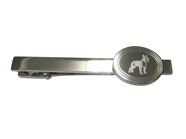 Silver Toned Etched Oval Boston Terrier Dog Tie Clip