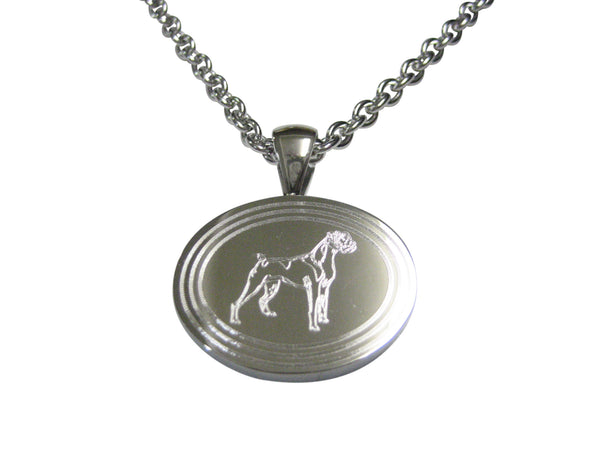 Silver Toned Etched Oval Boxer Dog Pendant Necklace