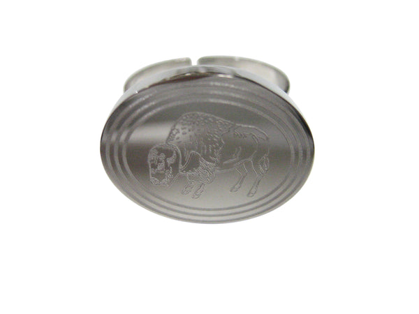 Silver Toned Etched Oval Buffalo Adjustable Size Fashion Ring