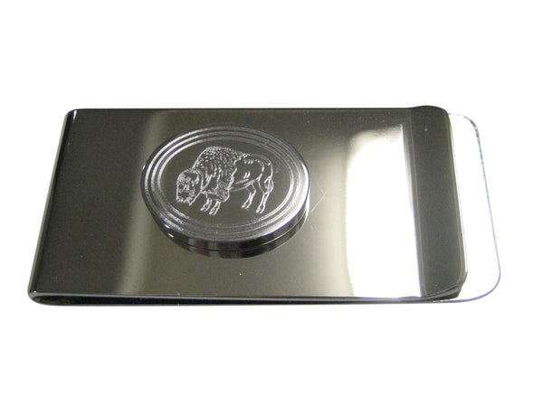 Silver Toned Etched Oval Buffalo Money Clip