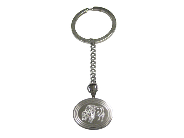 Silver Toned Etched Oval Buffalo Pendant Keychain