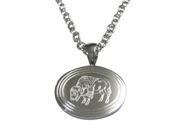 Silver Toned Etched Oval Buffalo Pendant Necklace