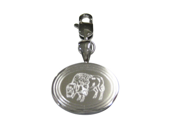 Silver Toned Etched Oval Buffalo Pendant Zipper Pull Charm