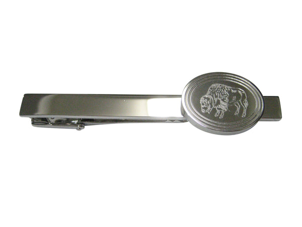 Silver Toned Etched Oval Buffalo Tie Clip